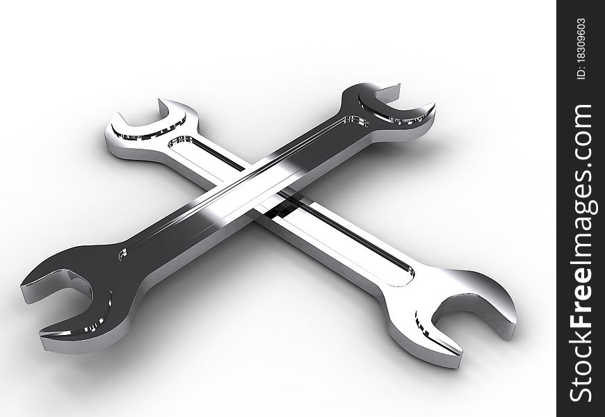 Two iron wrenches lying on a cross on a white surface №2. Two iron wrenches lying on a cross on a white surface №2