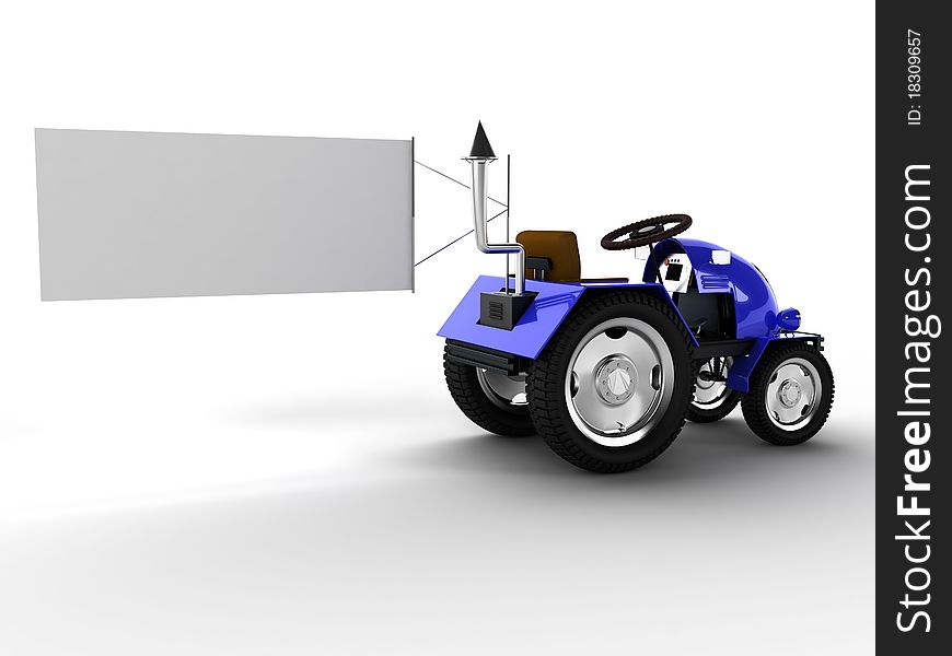 Blue tractor with a big white empty pointer on a white background №1. Blue tractor with a big white empty pointer on a white background №1