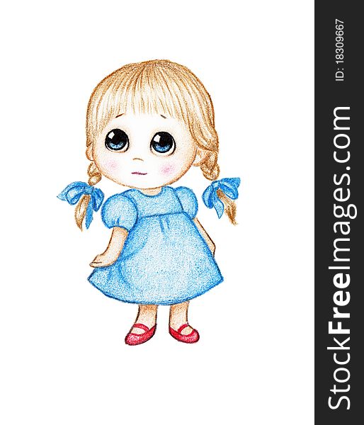 Cute little girl in blue dress on white background