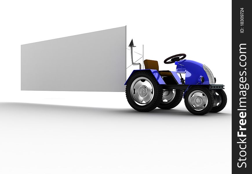 Blue tractor with a big white empty pointer on a white background â„–4. Blue tractor with a big white empty pointer on a white background â„–4