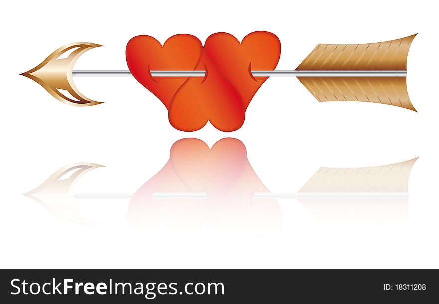 Three red hearts pierced by arrow. Isolated on white background. Three red hearts pierced by arrow. Isolated on white background.