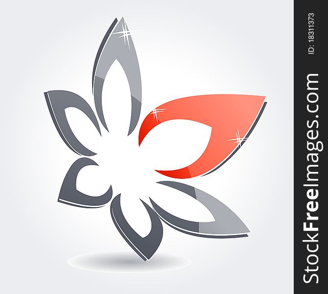 Abstract grey floral symbol with red petal. Abstract grey floral symbol with red petal