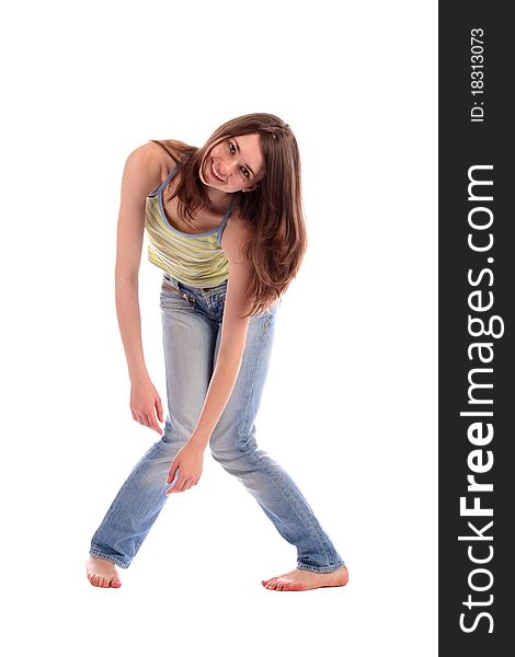 Girl in green stripy top tired. Isolated on white.