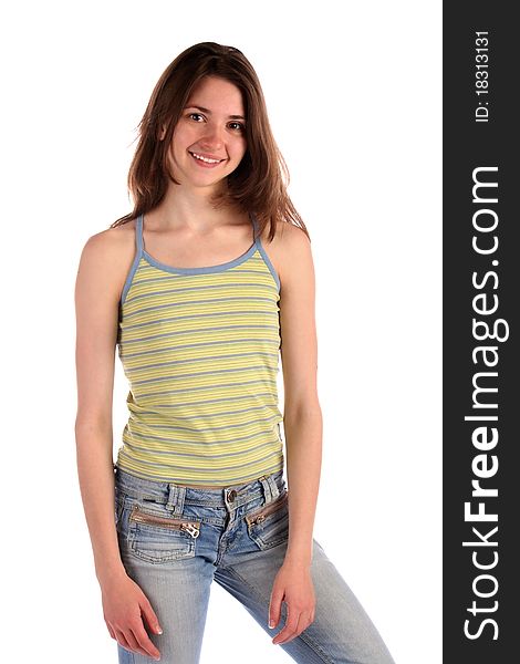 Girl in green stripy top posing. Isolated on white.