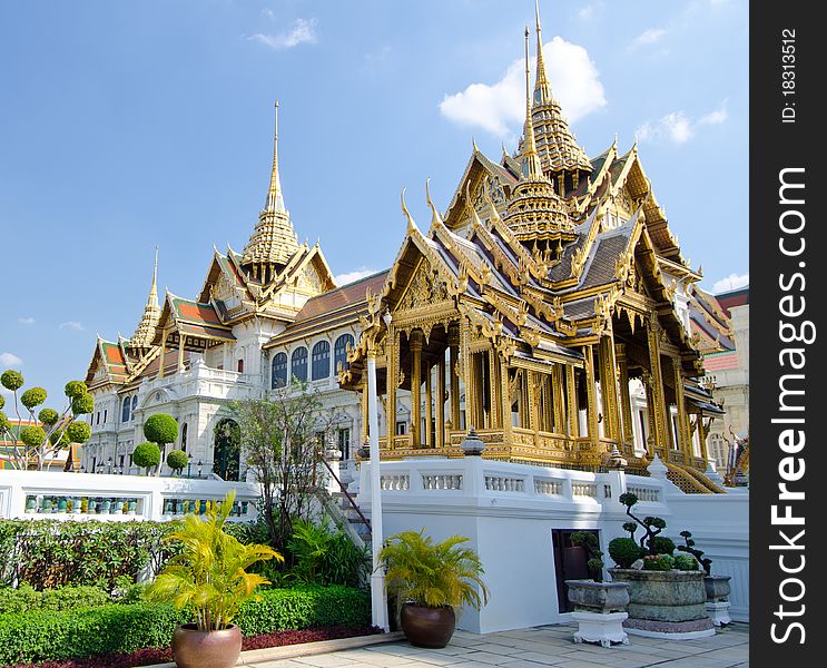 Royal palace Bangkok showing gold towers and gardens