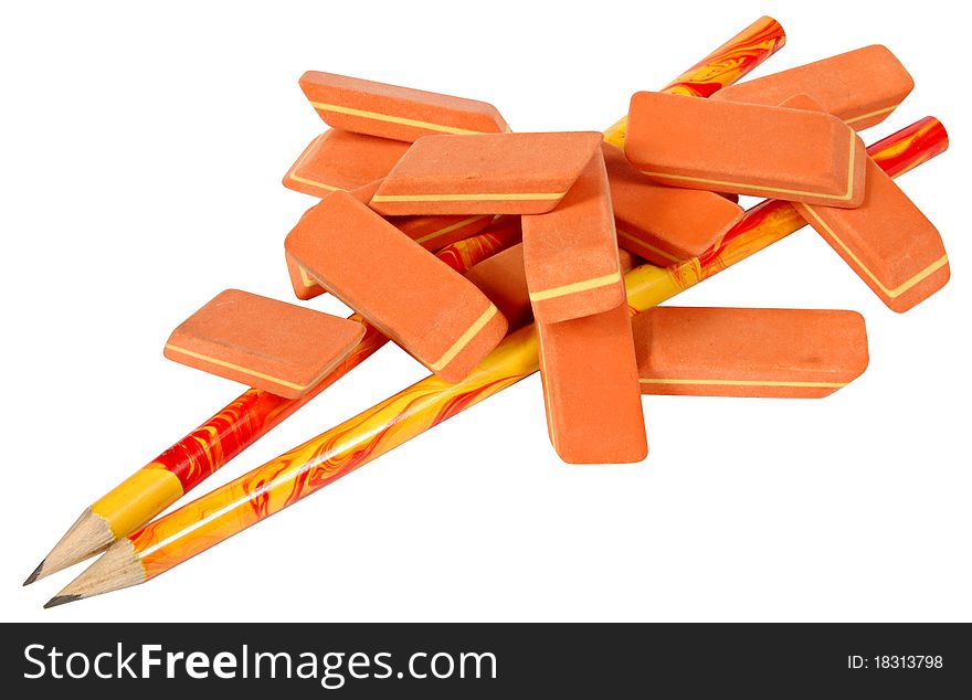 Pencils and rubbers on a white background