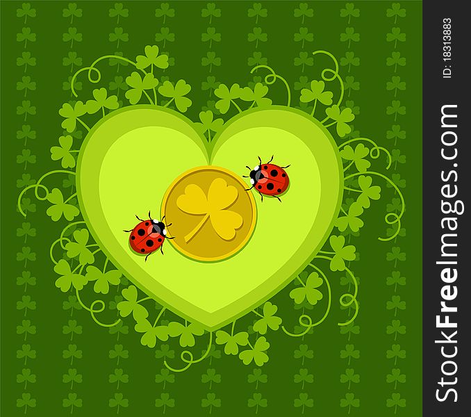 St. Patrick's Day card with clovers, ladybirds and gold coin. St. Patrick's Day card with clovers, ladybirds and gold coin