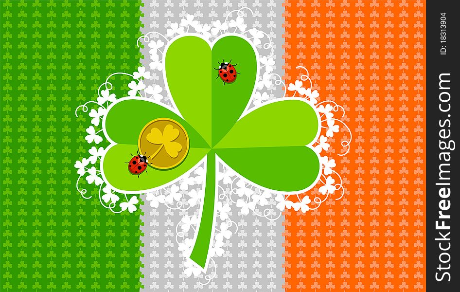 St. Patrick's Day card with Irish flag, clovers, ladybirds and gold coin. St. Patrick's Day card with Irish flag, clovers, ladybirds and gold coin