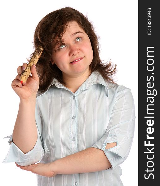 Chubby girl in white shirt with pencil thinks. Isolated on white. Chubby girl in white shirt with pencil thinks. Isolated on white.