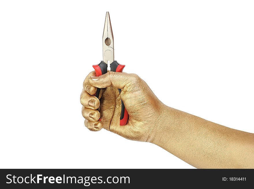 Flat-nose pliers in a gold man's hand. Isolated on the white