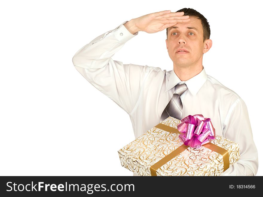 The man waits for holiday approach to present a gift. The man waits for holiday approach to present a gift