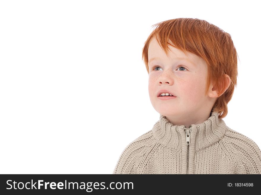 Ginger red hair haired boy staring eyes isolated on white. Ginger red hair haired boy staring eyes isolated on white