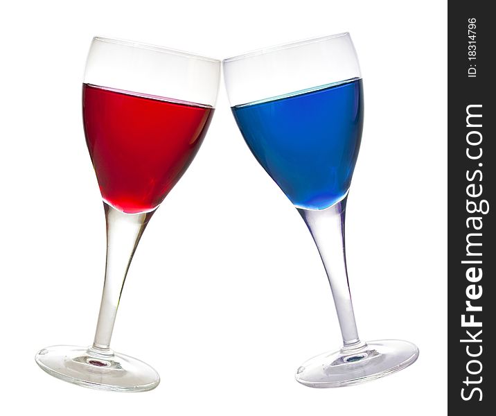 Blue and red liqueur glasses, drink, isolated on white background. Blue and red liqueur glasses, drink, isolated on white background