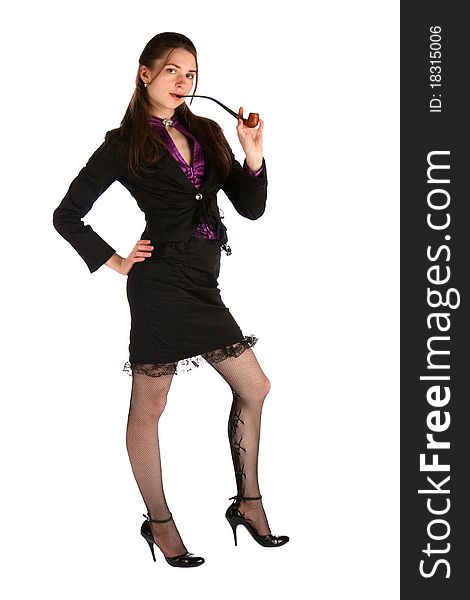 Girl in black suit with tobacco pipe.