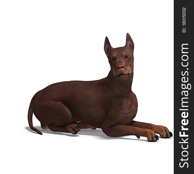 Doberman Dog. 3D rendering with clipping path and shadow over white