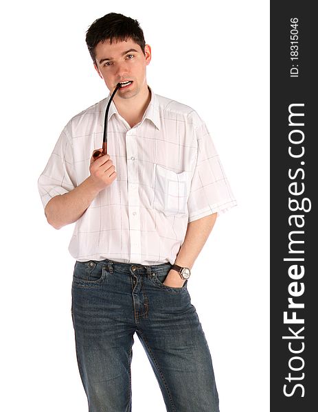 Young man with pipe. Isolated on white.