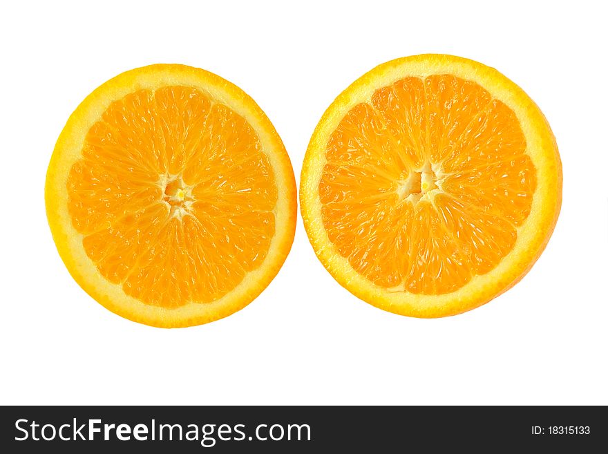 Two halves of an orange isolated on a white. Two halves of an orange isolated on a white