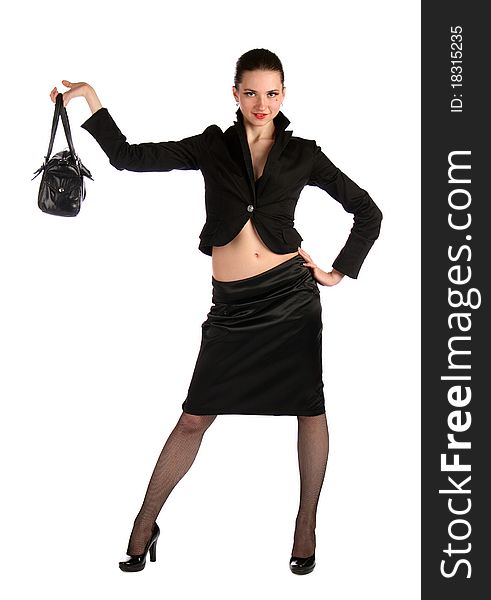 Girl in black suit demonstrate bag.