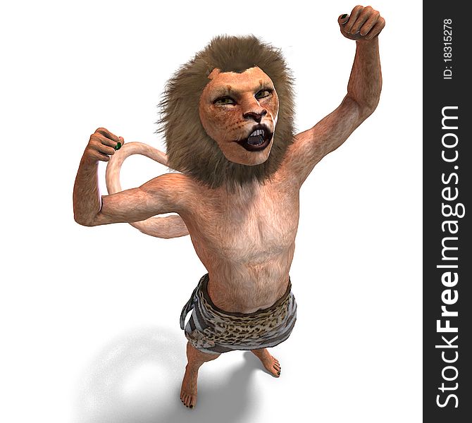 Male manticore fantasy creature. 3D rendering with clipping path and shadow over white