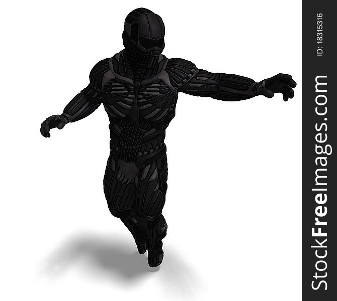 Science fiction male character in futuristic suit. 3D rendering with clipping path and shadow over white