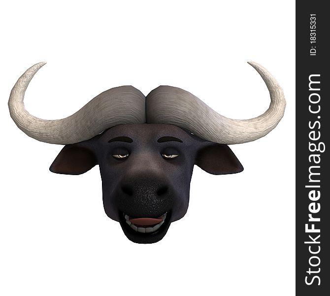 Very cute and funny cartoon buffalo. 3D rendering with clipping path and shadow over white