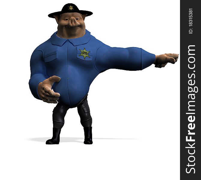 Toon animal big pig as a policeman. 3D rendering with clipping path and shadow over white