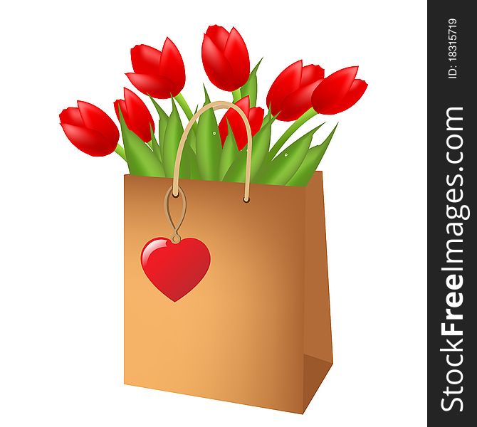 Red Tulips In Package, Isolated On White Background, Vector Illustration