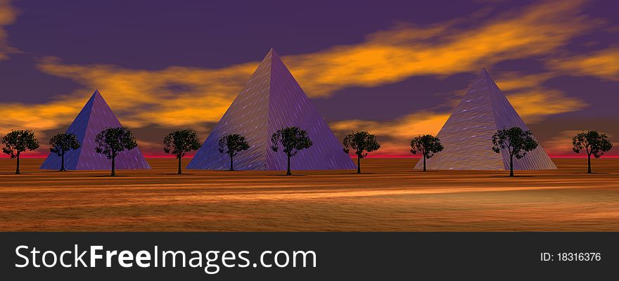 Pyramids purpule and trees green. Pyramids purpule and trees green