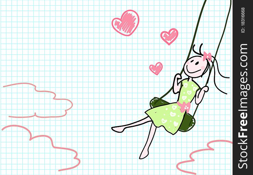 Girl on a swing drawn on notebook sheet