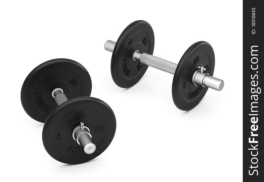 Dumbbell isolated on a white background. The mass of each - 5 kg. Dumbbell isolated on a white background. The mass of each - 5 kg