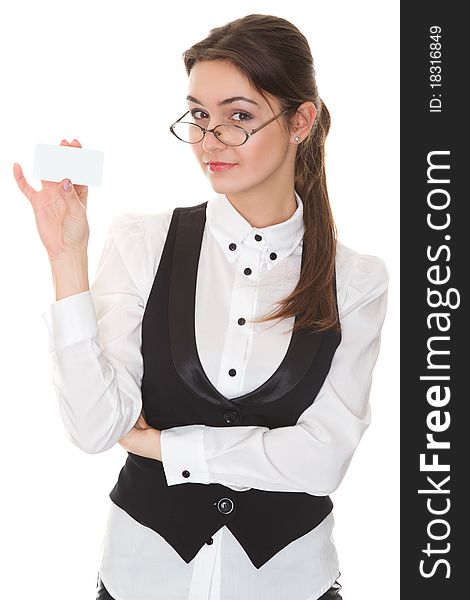 Businesswoman with glasses showing a blank business card. Businesswoman with glasses showing a blank business card