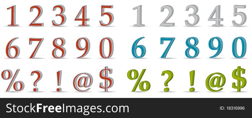 Colored 3D numbers and symbols isolated on white backround