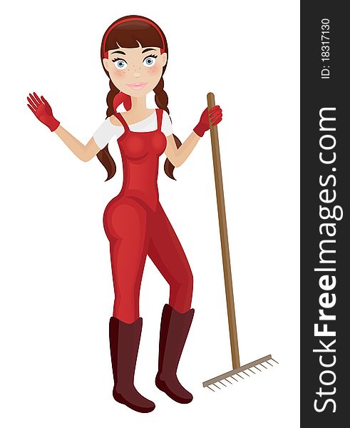 Cute farm woman with rake.