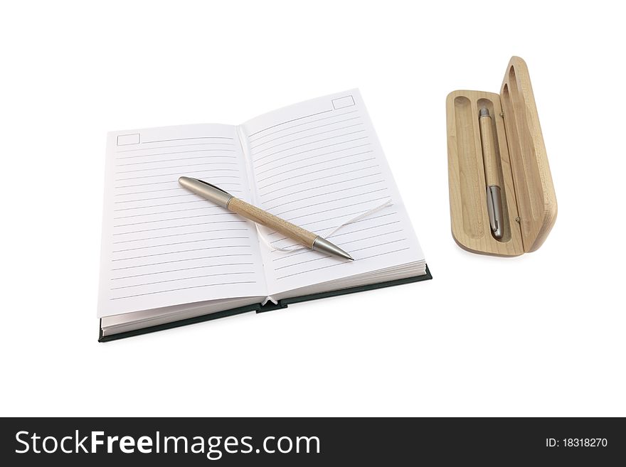 Pencil box and notepad isolated on white background