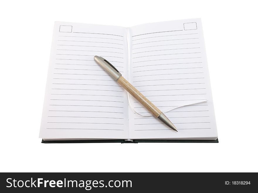 Pen and notepad isolated on white background