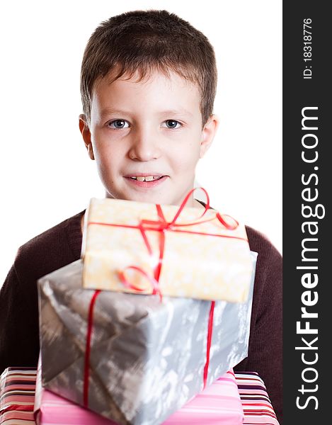 Boy with gifts on white background