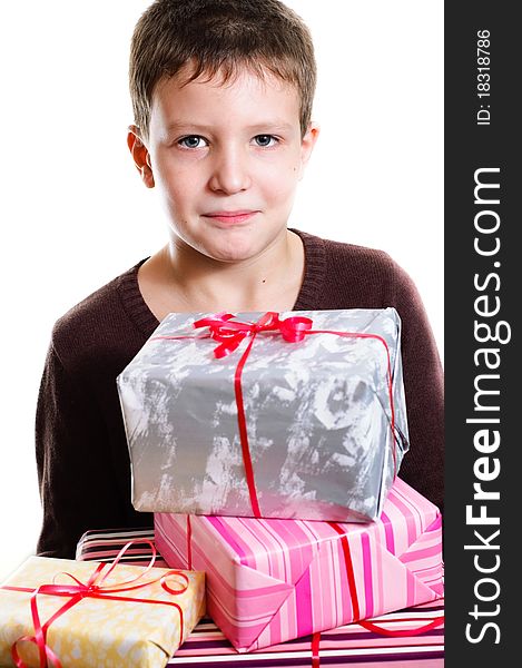 Boy with gifts on white background