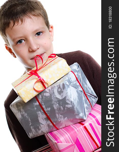 Boy with gifts on white background