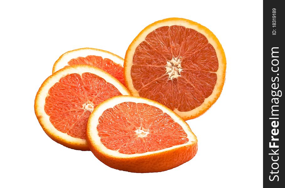 Fresh and juicy red orange cut into slices, isolated, white background. Fresh and juicy red orange cut into slices, isolated, white background.