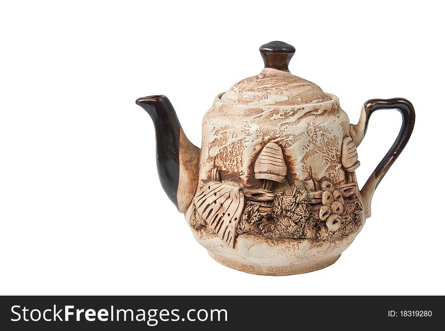 Earthenware kettle isolated on white background