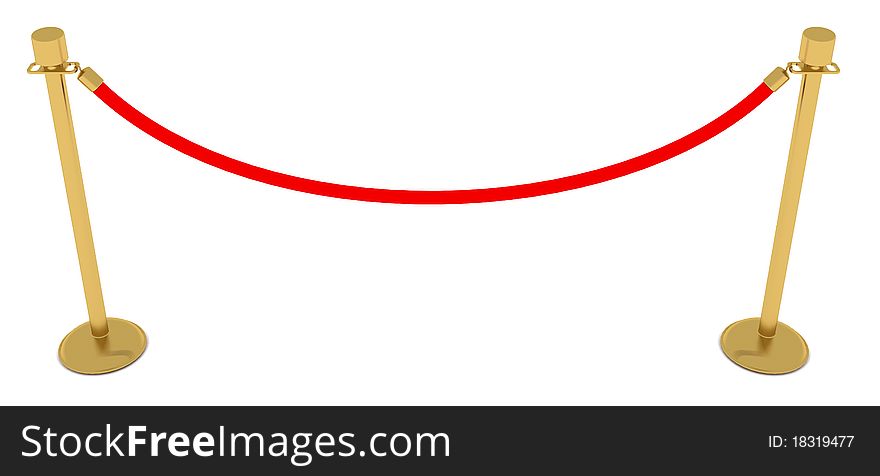 Barrier of a red ribbon with gold pillars. Barrier of a red ribbon with gold pillars