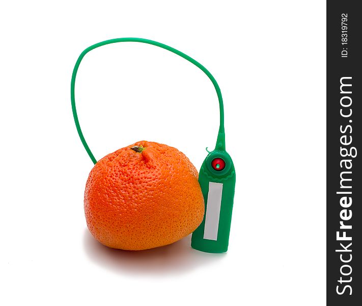 Tangerine with a label on a white background. Tangerine with a label on a white background