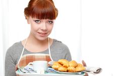 Housewife Holding Tray With Breakfast Stock Photos Housewife Holding Tray With Breakfast Stock Photos