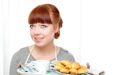 Housewife Holding Tray With Breakfast Royalty Free Stock Photography Housewife Holding Tray With Breakfast Royalty Free Stock Photography