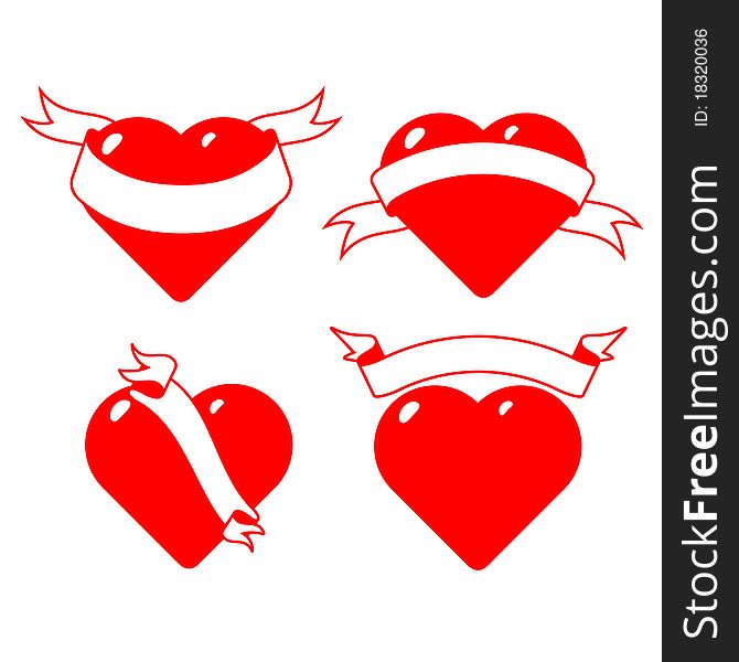 Four stylized hearts with ribbons. Illustration is easily edited. Isolated on white background. This is vector illustration eps8. Four stylized hearts with ribbons. Illustration is easily edited. Isolated on white background. This is vector illustration eps8.