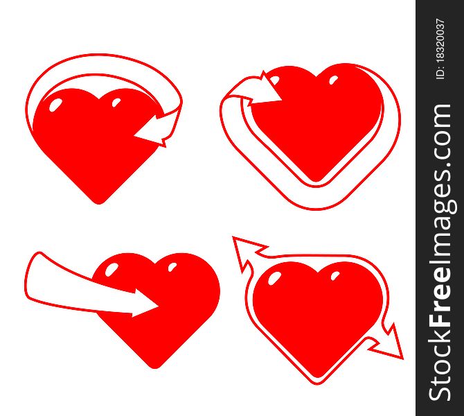 Four hearts with ribbons in the form of arrows Illustration is easily edited. Isolated on white background. This is vector illustration eps8. Four hearts with ribbons in the form of arrows Illustration is easily edited. Isolated on white background. This is vector illustration eps8.