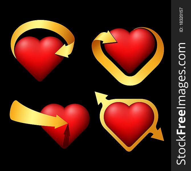 Four hearts with ribbons in the form of arrows Illustration is easily edited. Isolated on white background. This is vector illustration eps8. Four hearts with ribbons in the form of arrows Illustration is easily edited. Isolated on white background. This is vector illustration eps8.