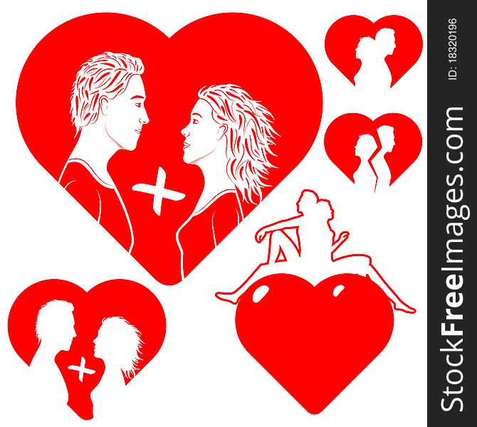 Stylized hearts, with a silhouette of a couple in love. Illustration is easily edited. Isolated on white background. This is vector illustration eps8. Stylized hearts, with a silhouette of a couple in love. Illustration is easily edited. Isolated on white background. This is vector illustration eps8.