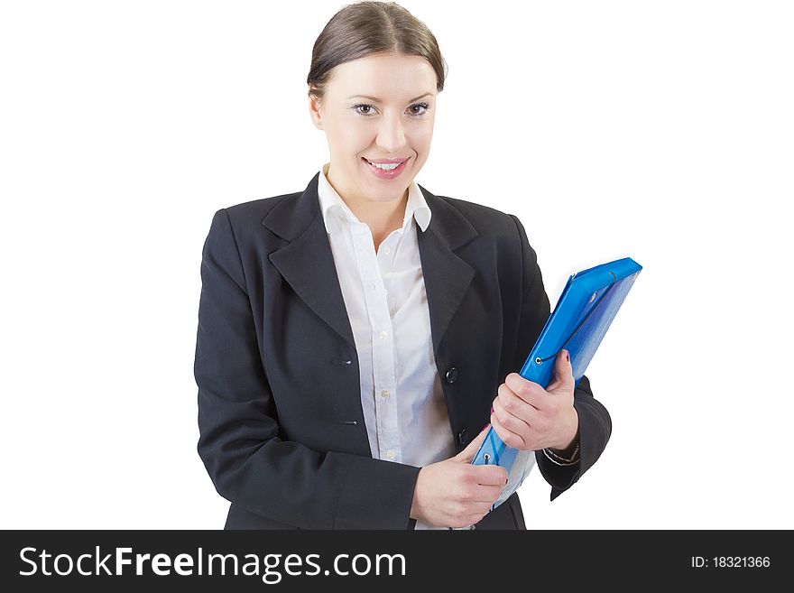 Business woman with dark hair holding blue folder. Business woman with dark hair holding blue folder