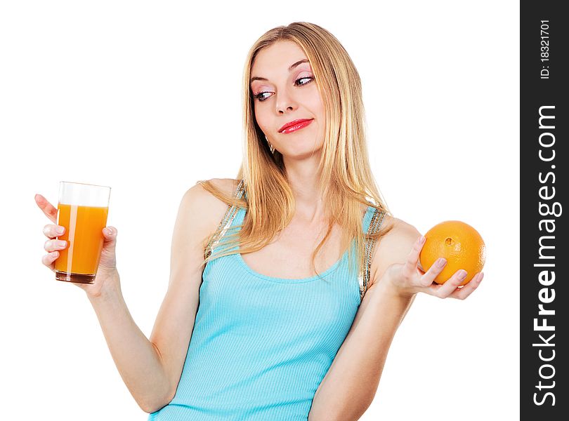 Cheerful girl with orange and fresh juice against white background. Cheerful girl with orange and fresh juice against white background